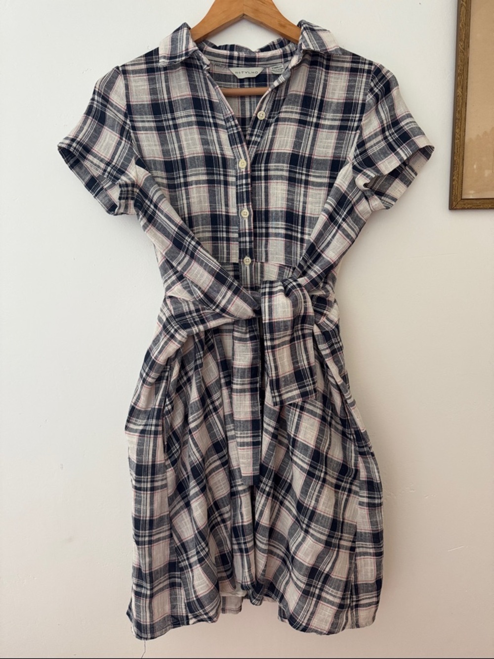 Plaid Button-Front Midi Shirt Dress in Navy, Cream and Red. Tie Front or Back